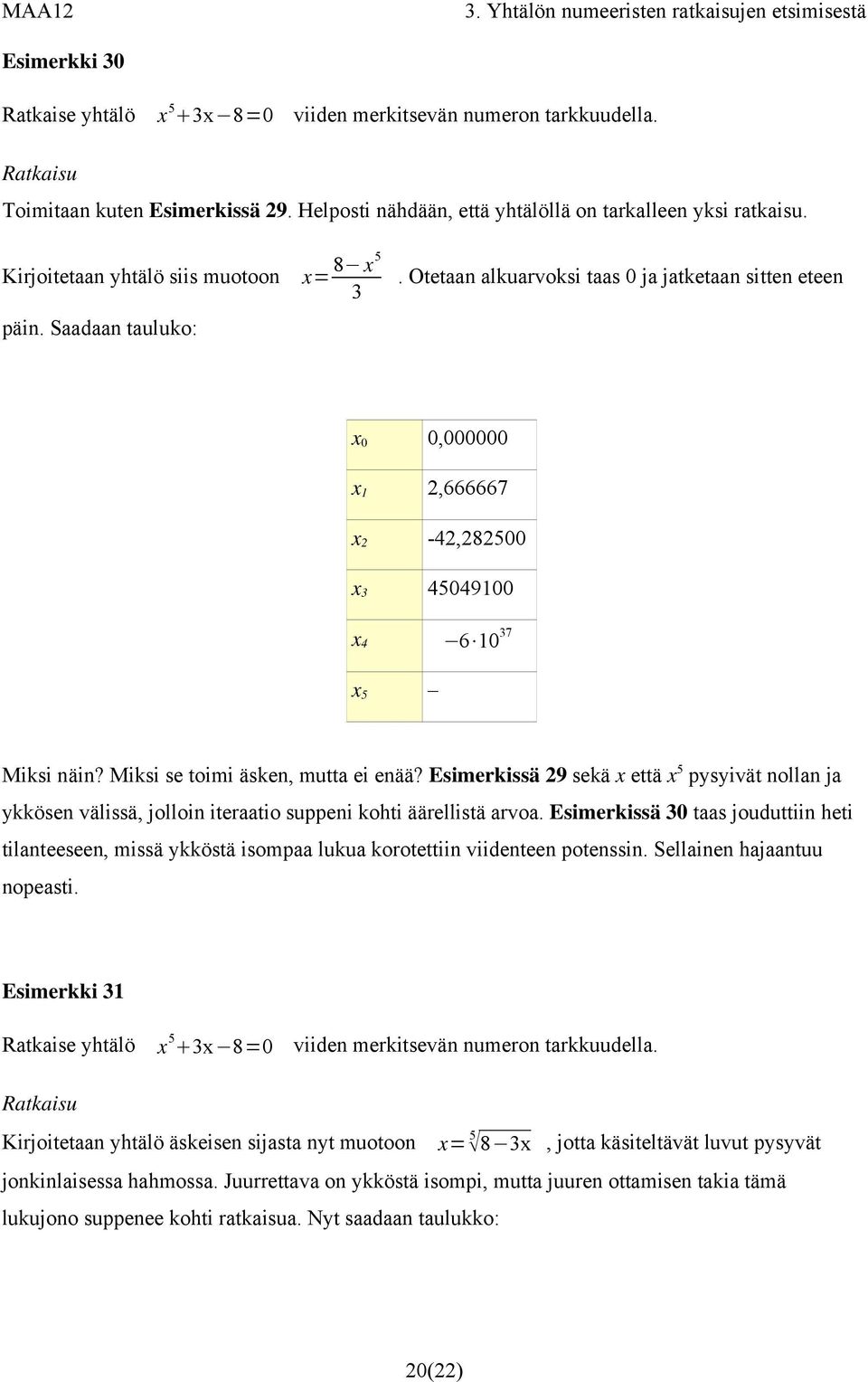 Miksi se toimi äsken, mutta ei enää? Esimerkissä 29 sekä x että x 5 pysyivät nollan ja ykkösen välissä, jolloin iteraatio suppeni kohti äärellistä arvoa.