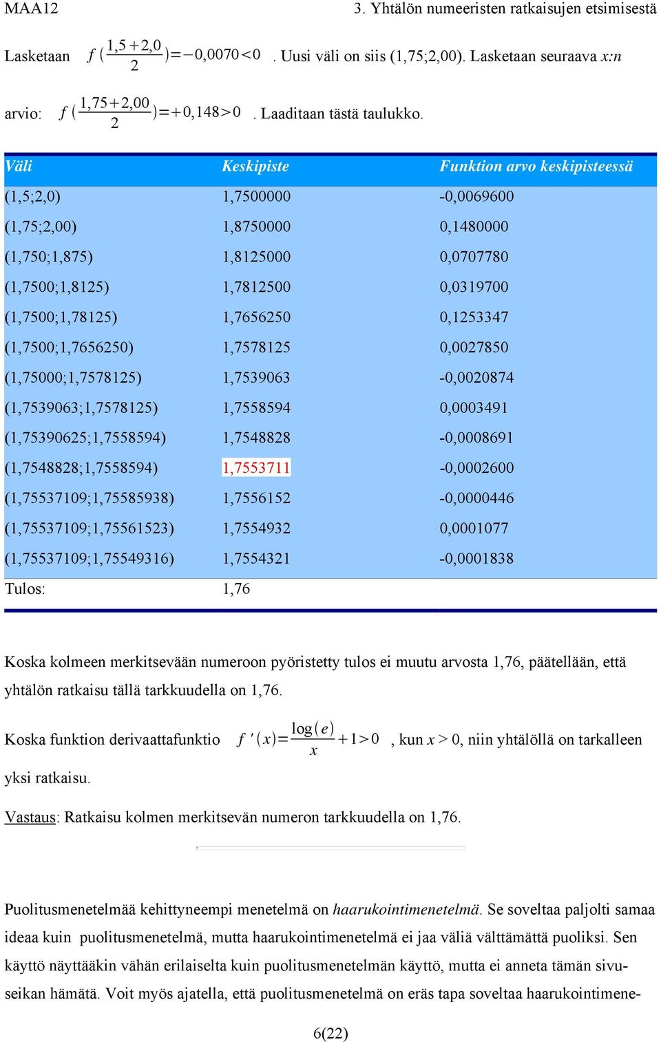 1,7656250 0,1253347 (1,7500;1,7656250) 1,7578125 0,0027850 (1,75000;1,7578125) 1,7539063-0,0020874 (1,7539063;1,7578125) 1,7558594 0,0003491 (1,75390625;1,7558594) 1,7548828-0,0008691