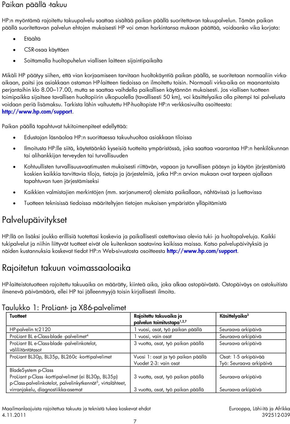 sijaintipaikalta Mikäli HP päätyy siihen, että vian korjaamiseen tarvitaan huoltokäyntiä paikan päällä, se suoritetaan normaaliin virkaaikaan, paitsi jos asiakkaan ostaman HP-laitteen tiedoissa on