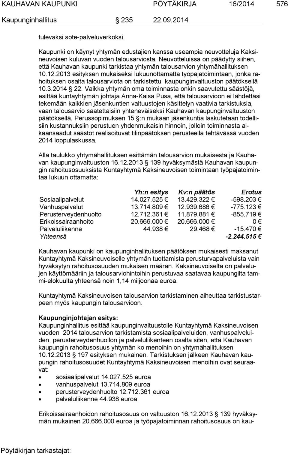 Neuvotteluissa on päädytty siihen, et tä Kauhavan kaupunki tarkistaa yhtymän talousarvion yhtymähallituksen 10.12.