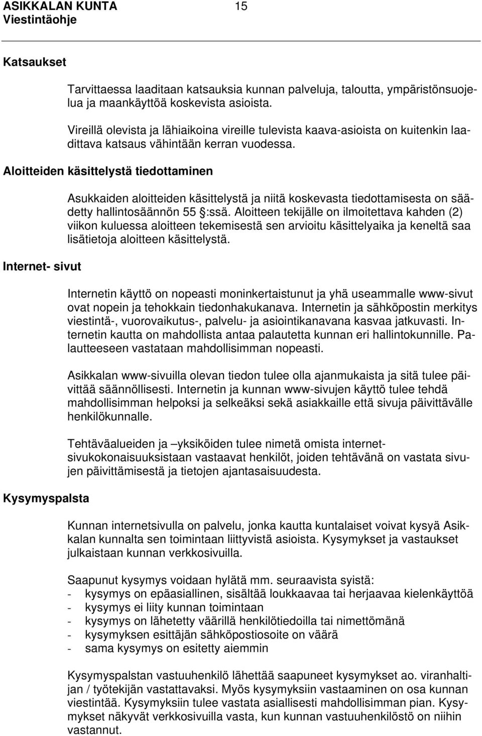 Aloitteiden käsittelystä tiedottaminen Internet- sivut Kysymyspalsta Asukkaiden aloitteiden käsittelystä ja niitä koskevasta tiedottamisesta on säädetty hallintosäännön 55 :ssä.