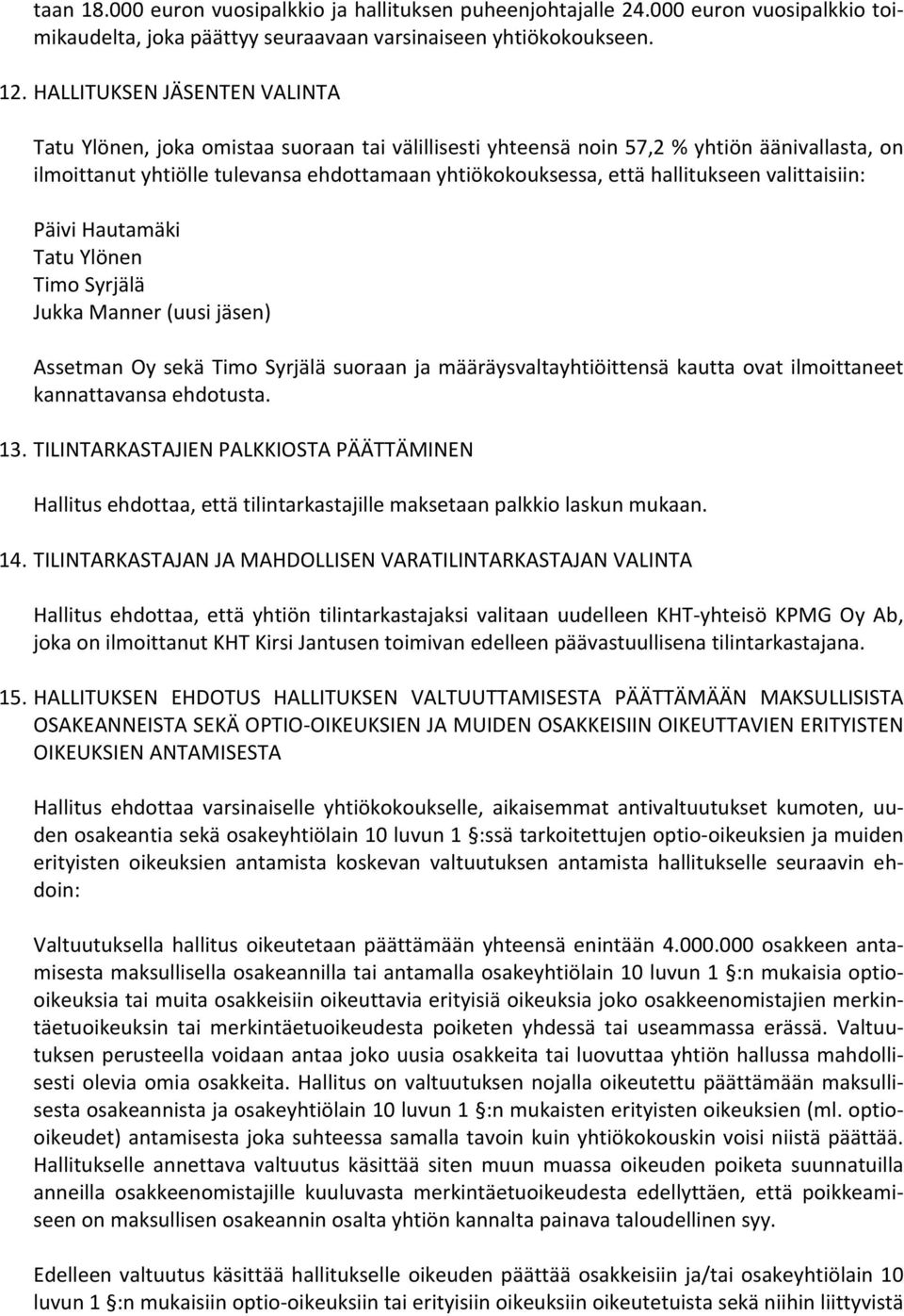 Oy sekä Timo Syrjälä suoraan ja määräysvaltayhtiöittensä kautta ovat ilmoittaneet kannattavansa ehdotusta. 13.
