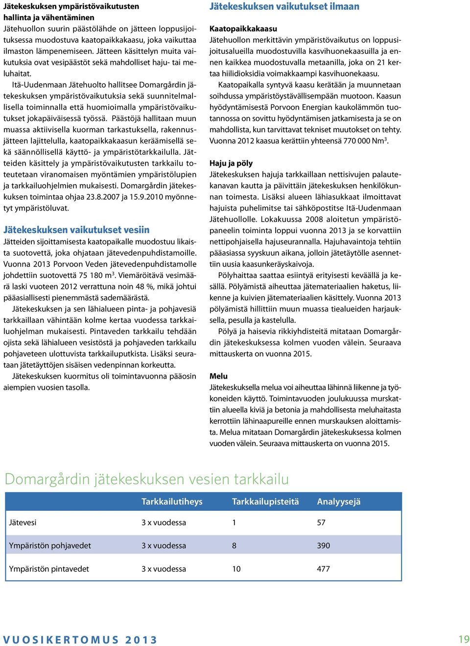 Itä-Uudenmaan Jätehuolto hallitsee Domargårdin jätekeskuksen ympäristövaikutuksia sekä suunnitelmallisella toiminnalla että huomioimalla ympäristövaikutukset jokapäiväisessä työssä.