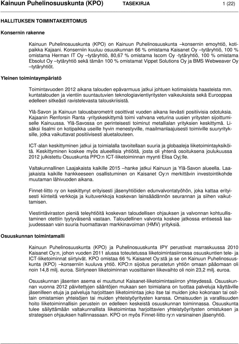 % omistamat Vippet Solutions Oy ja BMS Webweaver Oy tytäryhtiöt. Yleinen toimintaympäristö Toimintavuoden 2012 aikana talouden epävarmuus jatkui johtuen kotimaisista haasteista mm.