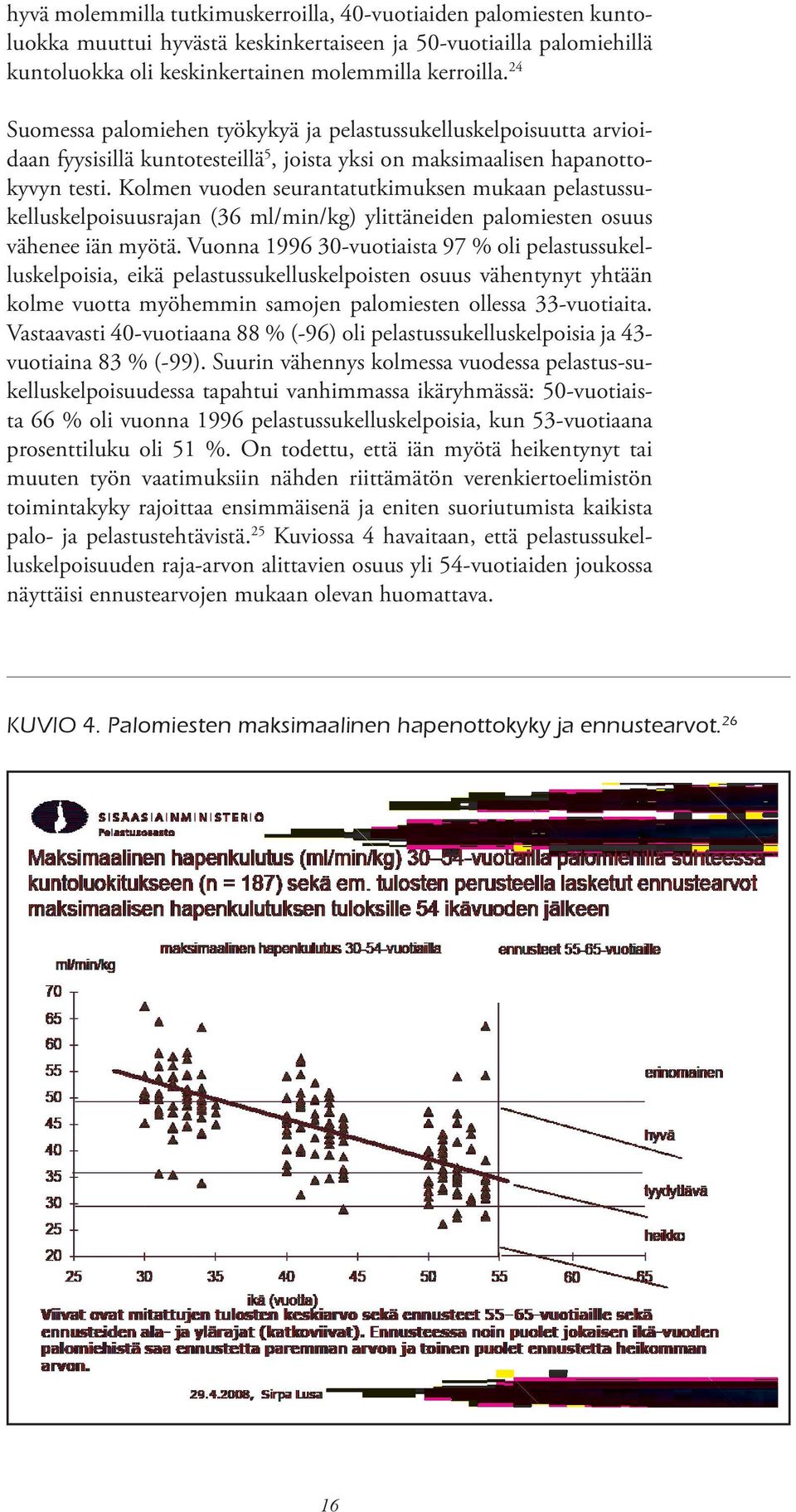 Kolmen vuoden seurantatutkimuksen mukaan pelastussukelluskelpoisuusrajan (36 ml/min/kg) ylittäneiden palomiesten osuus vähenee iän myötä.