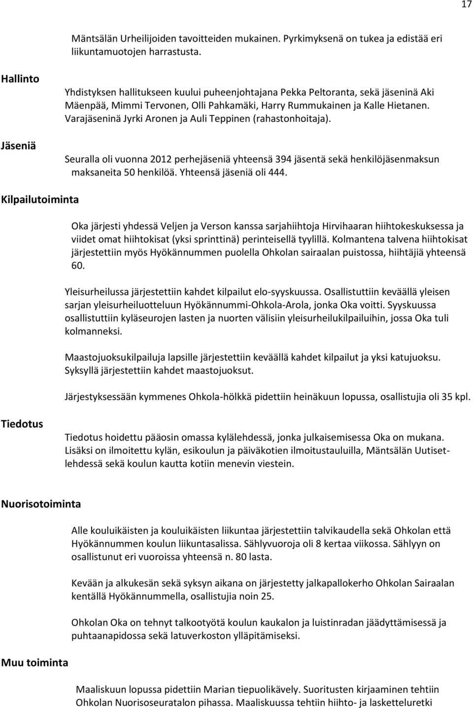 Varajäseninä Jyrki Aronen ja Auli Teppinen (rahastonhoitaja). Seuralla oli vuonna 2012 perhejäseniä yhteensä 394 jäsentä sekä henkilöjäsenmaksun maksaneita 50 henkilöä. Yhteensä jäseniä oli 444.
