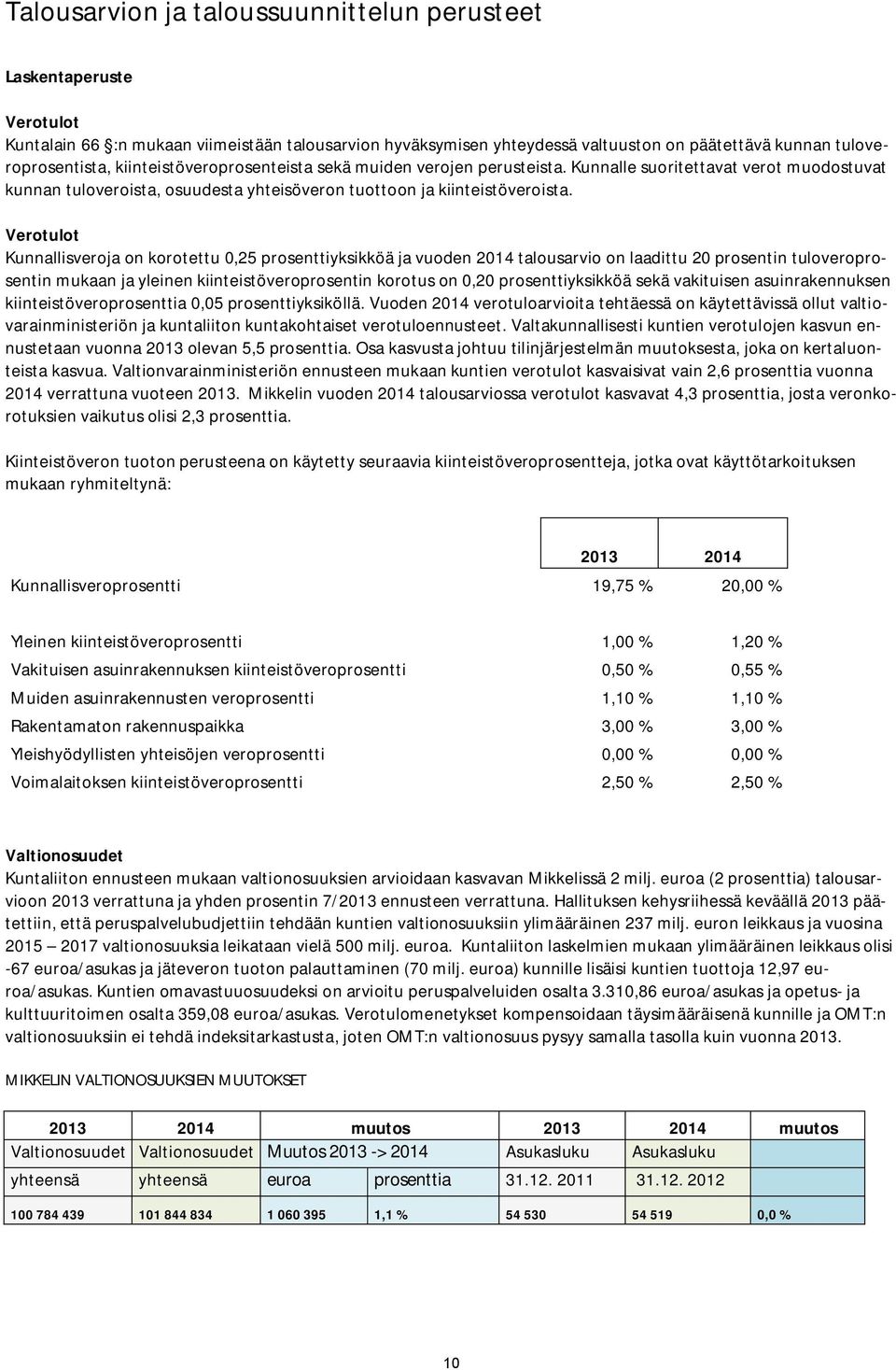 Verotulot Kunnallisveroja on korotettu 0,25 prosenttiyksikköä ja vuoden 2014 talousarvio on laadittu 20 prosentin tuloveroprosentin mukaan ja yleinen kiinteistöveroprosentin korotus on 0,20