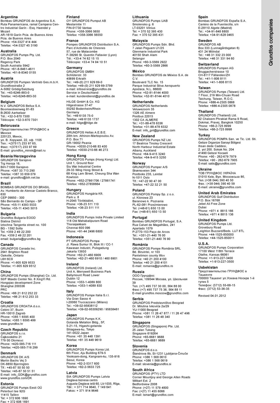 Pumps Pty. Ltd. P.O. Box 2040 Regency Park South Australia 5942 Phone: +61-8-8461-4611 Telefax: +61-8-8340 0155 Austria GRUNDFOS Pumpen Vertrieb Ges.m.b.H. Grundfosstraße 2 A-5082 Grödig/Salzburg Tel.