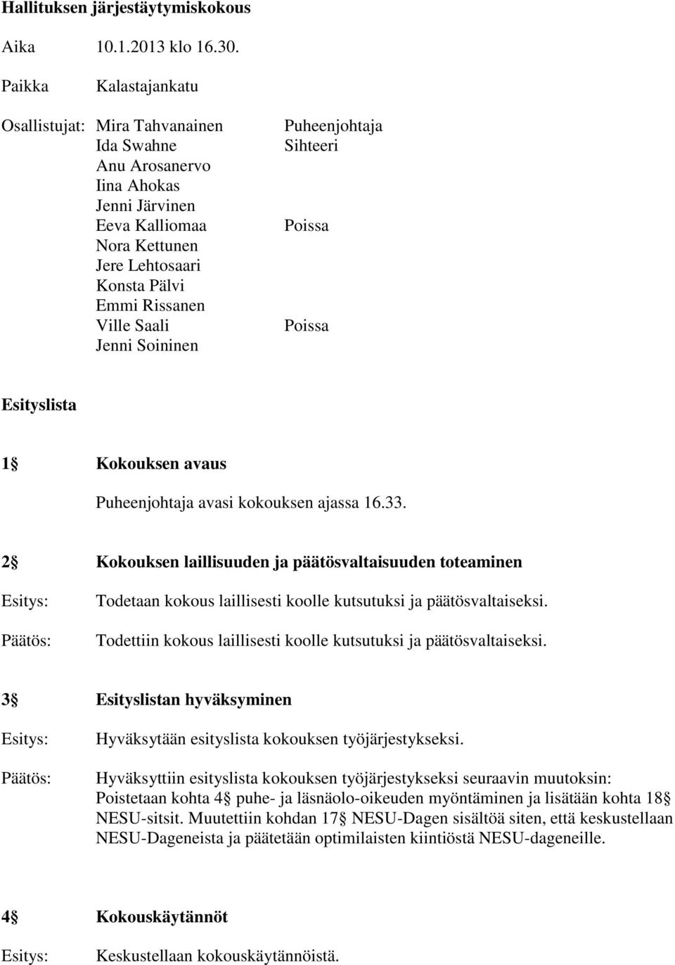 Soininen Puheenjohtaja Sihteeri Poissa Poissa Esityslista 1 Kokouksen avaus Puheenjohtaja avasi kokouksen ajassa 16.33.