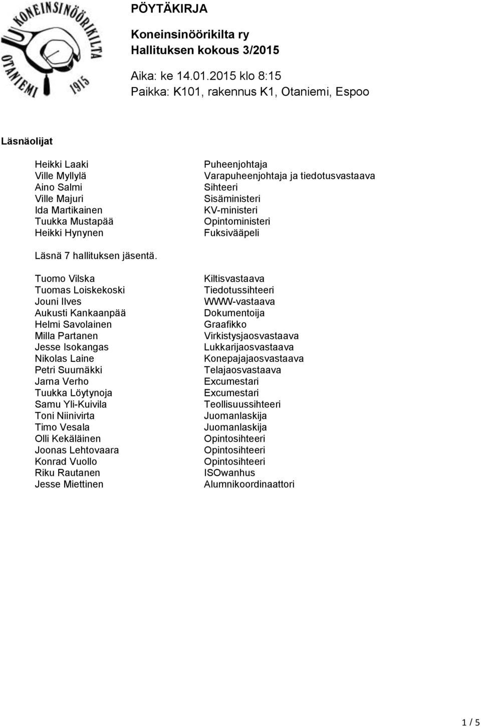 2015 klo 8:15 Paikka: K101, rakennus K1, Otaniemi, Espoo Läsnäolijat Heikki Laaki Ville Myllylä Aino Salmi Ville Majuri Ida Martikainen Tuukka Mustapää Heikki Hynynen Puheenjohtaja Varapuheenjohtaja