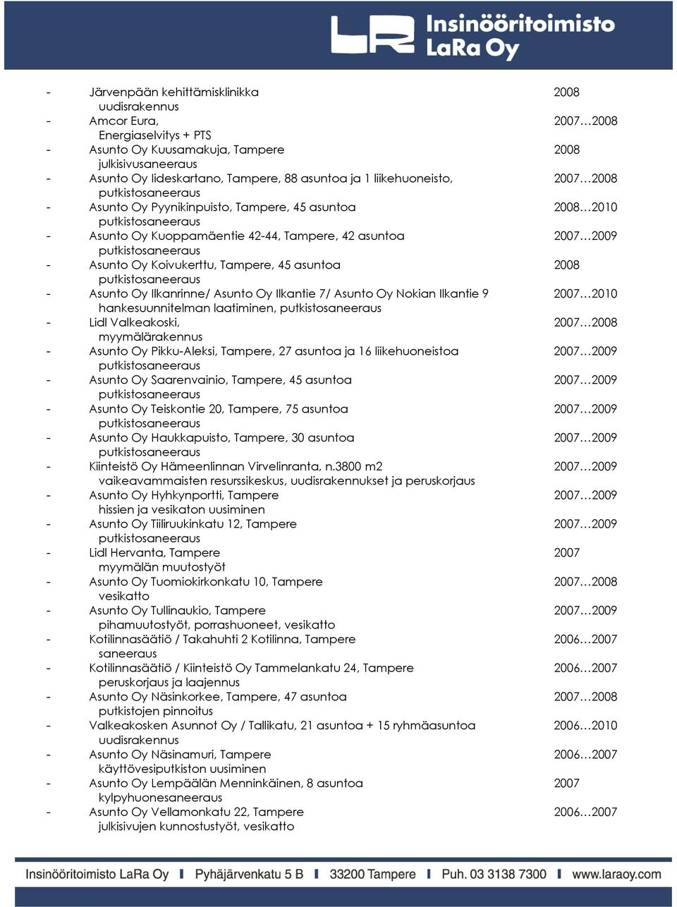 Asunto Oy Ilkanrinne/ Asunto Oy Ilkantie 7/ Asunto Oy Nokian Ilkantie 9 2007 2010 hankesuunnitelman laatiminen, - Lidl Valkeakoski, 2007 2008 - Asunto Oy Pikku-Aleksi, Tampere, 27 asuntoa ja 16