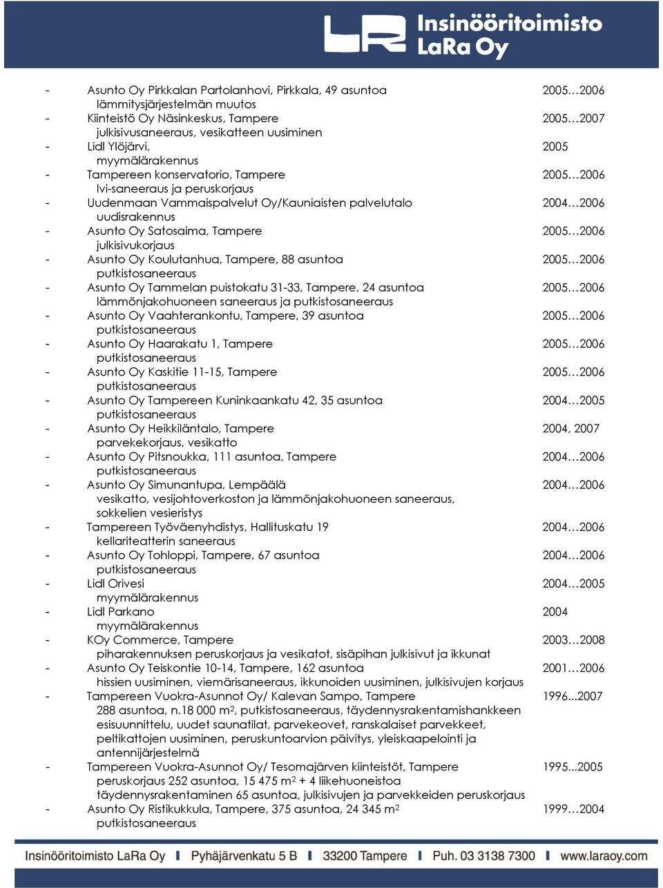 julkisivukorjaus - Asunto Oy Koulutanhua, Tampere, 88 asuntoa 2005 2006 - Asunto Oy Tammelan puistokatu 31-33, Tampere, 24 asuntoa 2005 2006 lämmönjakohuoneen saneeraus ja - Asunto Oy Vaahterankontu,