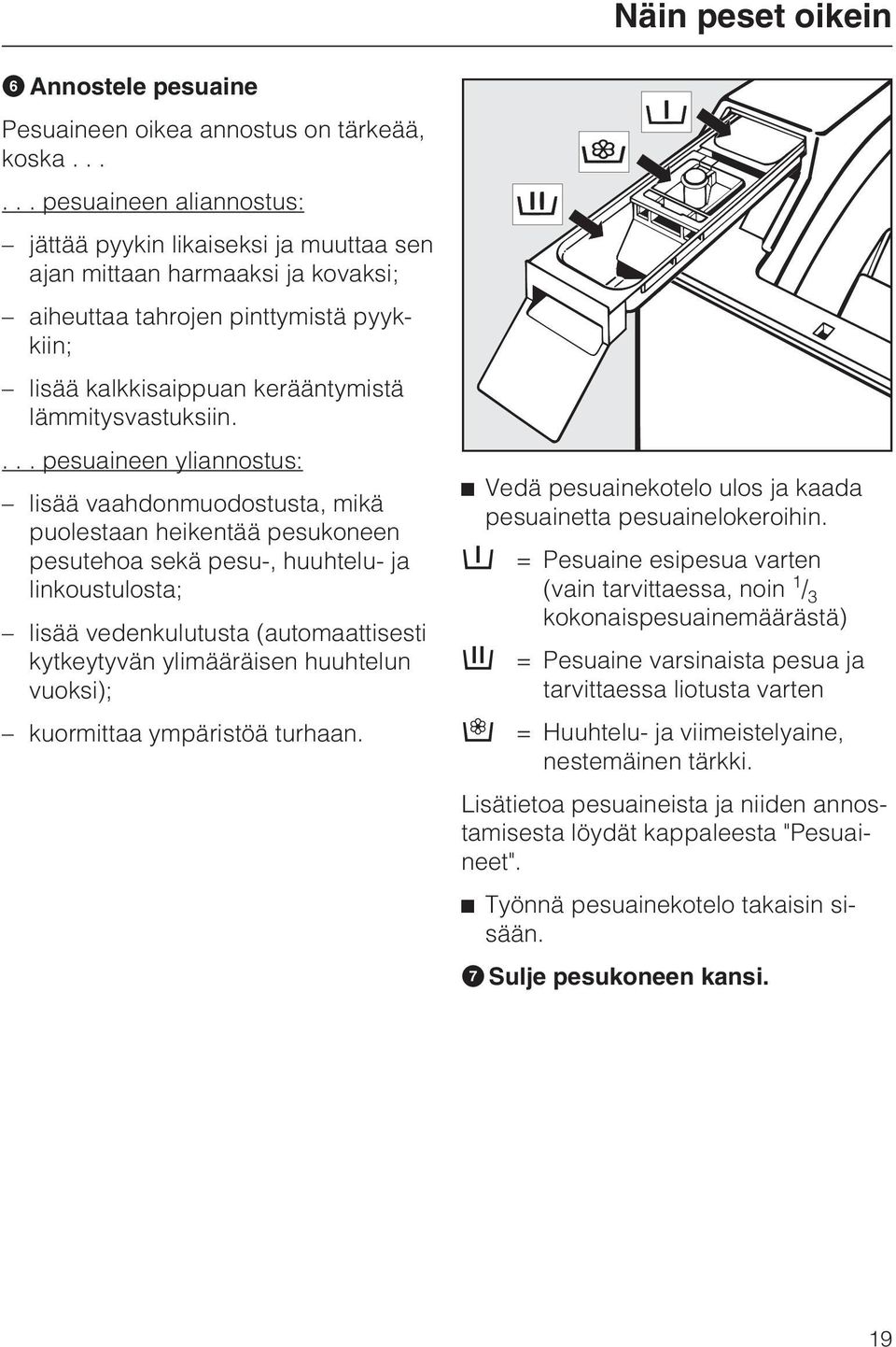 ... pesuaineen yliannostus: lisää vaahdonmuodostusta, mikä puolestaan heikentää pesukoneen pesutehoa sekä pesu-, huuhtelu- ja linkoustulosta; lisää vedenkulutusta (automaattisesti kytkeytyvän