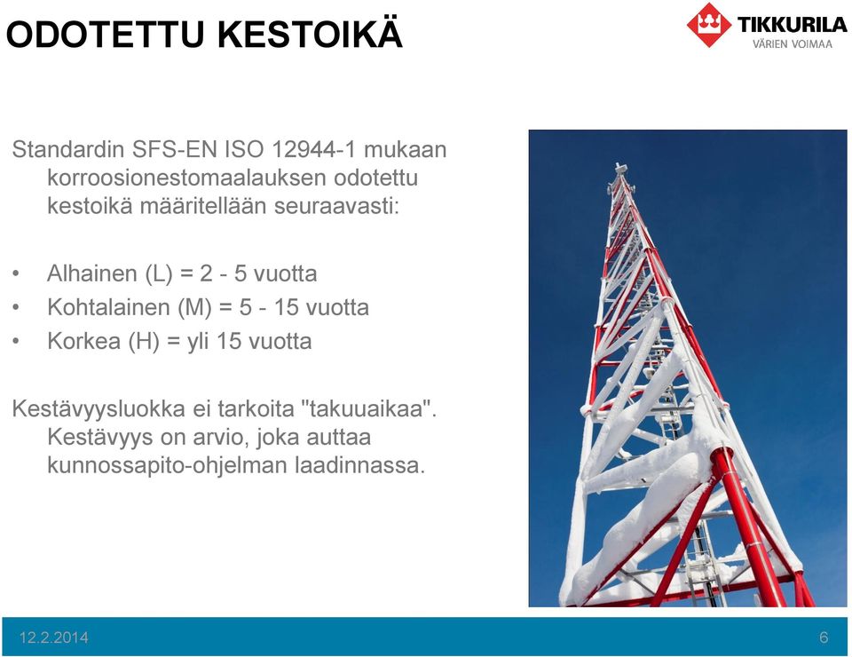 (M) = 5-15 vuotta Korkea (H) = yli 15 vuotta Kestävyysluokka ei tarkoita