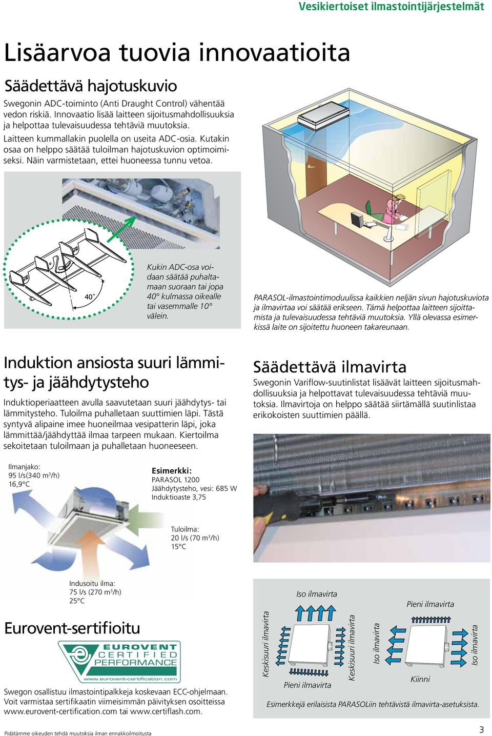 Kutakin osaa on helppo säätää tuloilman hajotuskuvion optimoimiseksi. Näin varmistetaan, ettei huoneessa tunnu vetoa.