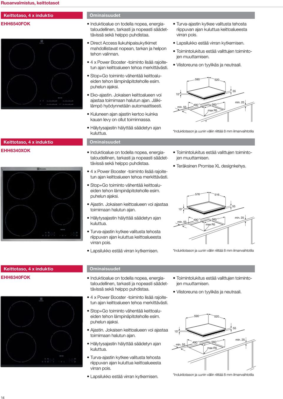 Stop+Go toiminto vähentää keittoalueiden tehon lämpinäpitoteholle esim. puhelun ajaksi. Eko-ajastin. Jokaisen keittoalueen voi ajastaa toimimaan halutun ajan. Jälkilämpö hyödynnetään automaattisesti.