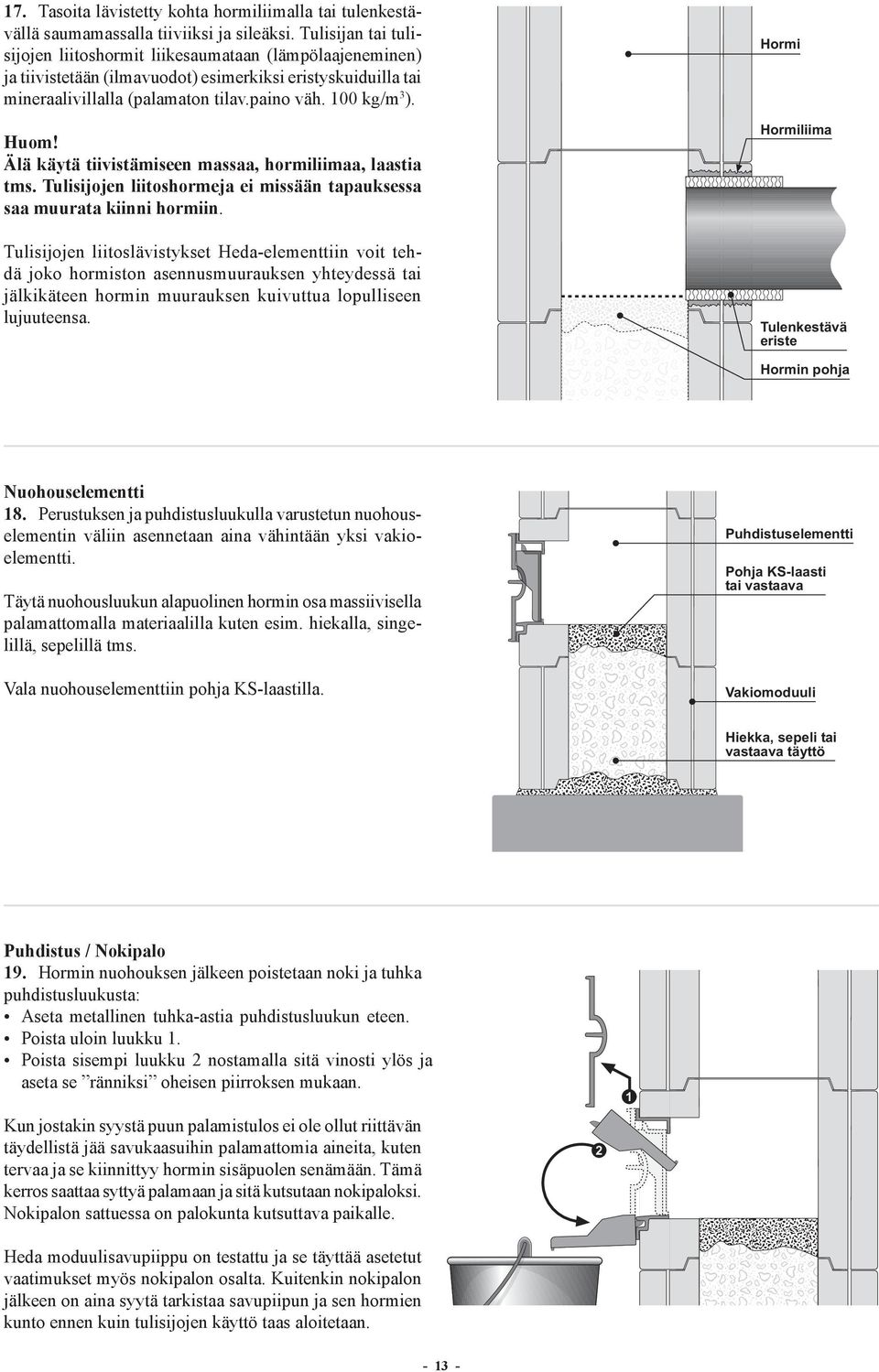 Huom! Älä käytä tiivistämiseen massaa, hormiliimaa, laastia tms. Tulisijojen liitoshormeja ei missään tapauksessa saa muurata kiinni hormiin.