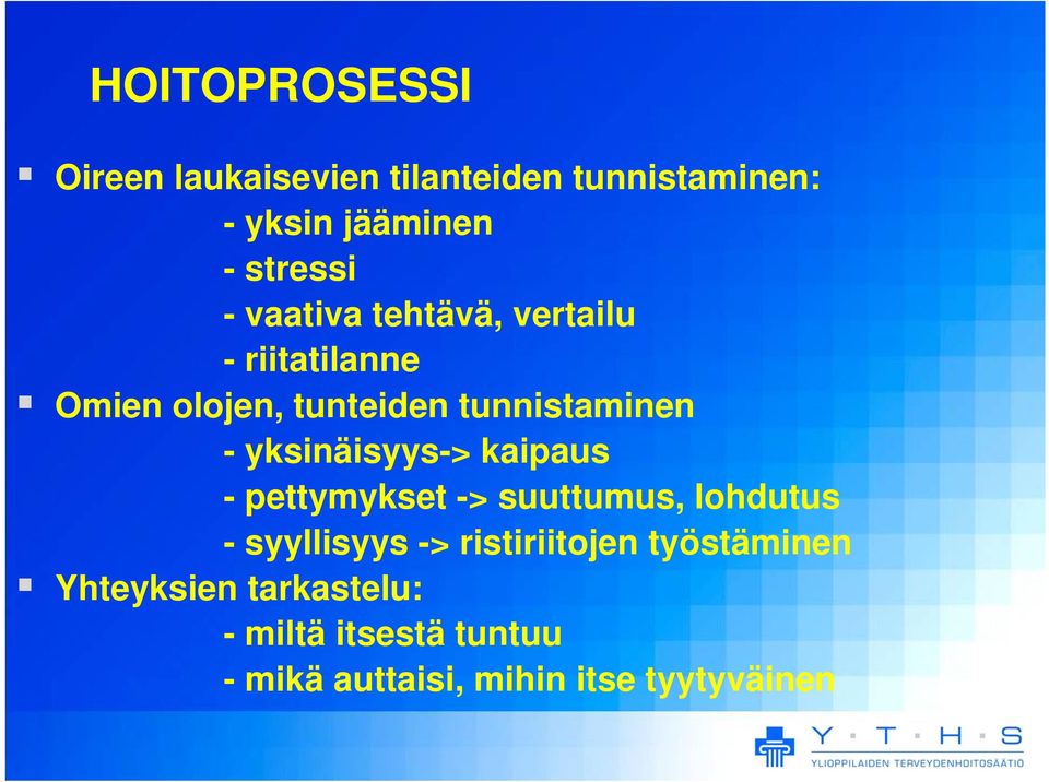 yksinäisyys-> kaipaus - pettymykset -> suuttumus, lohdutus - syyllisyys -> ristiriitojen