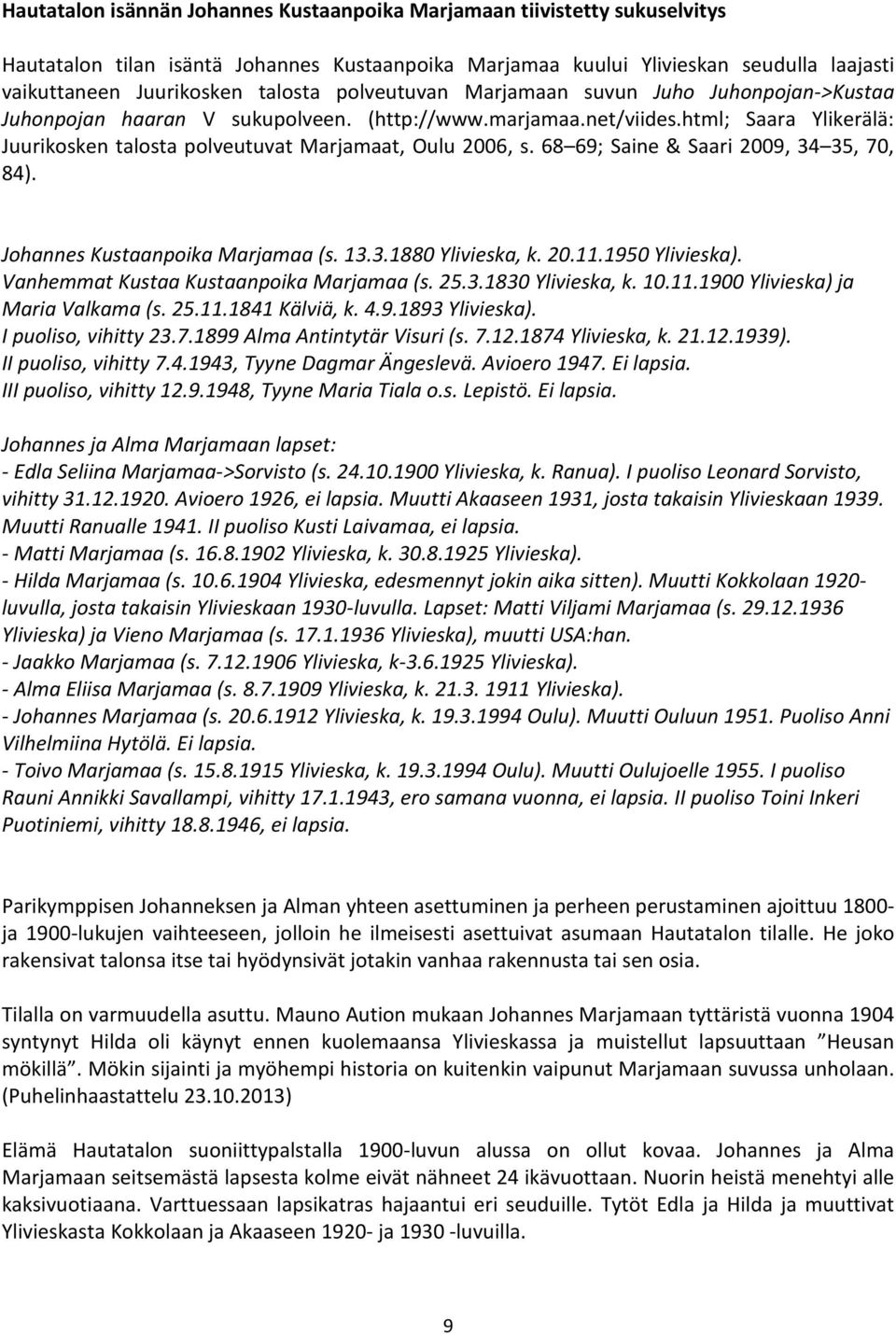 68 69; Saine & Saari 2009, 34 35, 70, 84). Johannes Kustaanpoika Marjamaa (s. 13.3.1880 Ylivieska, k. 20.11.1950 Ylivieska). Vanhemmat Kustaa Kustaanpoika Marjamaa (s. 25.3.1830 Ylivieska, k. 10.11.1900 Ylivieska) ja Maria Valkama (s.