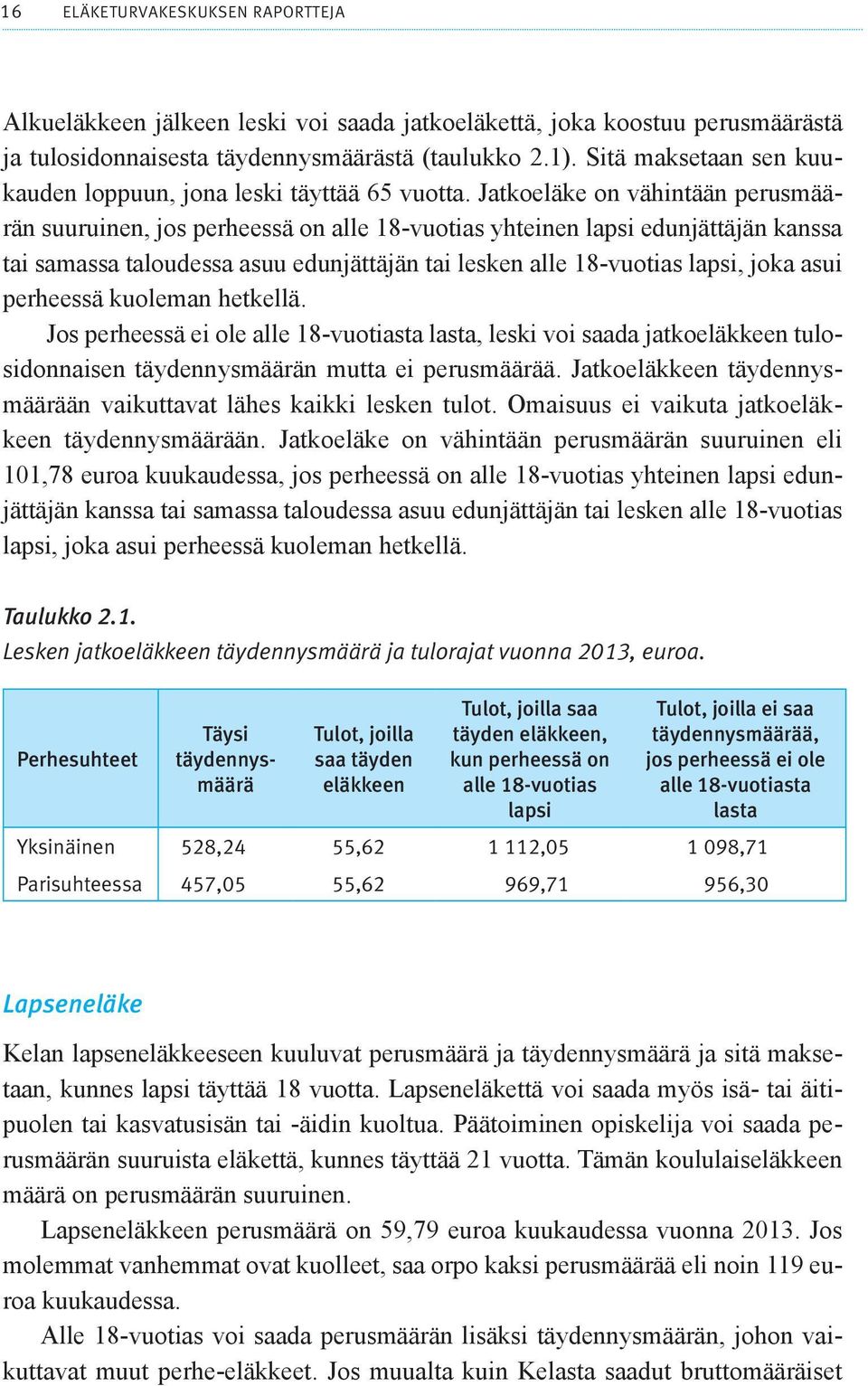 Jatkoeläke on vähintään perusmäärän suuruinen, jos perheessä on alle 18-vuotias yhteinen lapsi edunjättäjän kanssa tai samassa taloudessa asuu edunjättäjän tai lesken alle 18-vuotias lapsi, joka asui