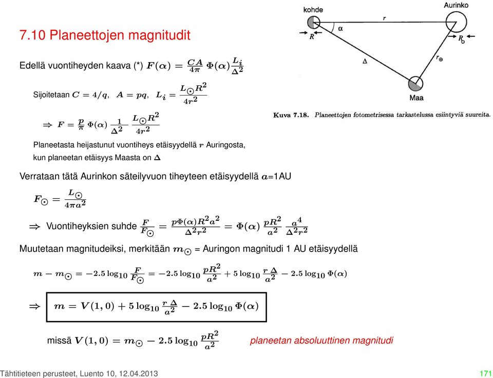 pφ(α)r2 a 2 2 r 2 = Φ(α) pr2 a 2 a 4 2 r 2 Muutetaan magnitudeiksi, merkitään m = Auringon magnitudi 1 AU etäisyydellä m m = 2.5 log 10 F F = 2.