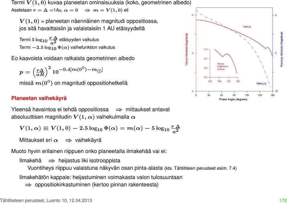 4[m(0 ) m ar 10 ] missä m(0 ) on magnitudi oppositiohetkellä Planeetan vaihekäyrä Yleensä havaintoa ei tehdä oppositiossa mittaukset antavat absoluuttisen magnitudin V (1, α) vaihekulmalla α V (1, α)