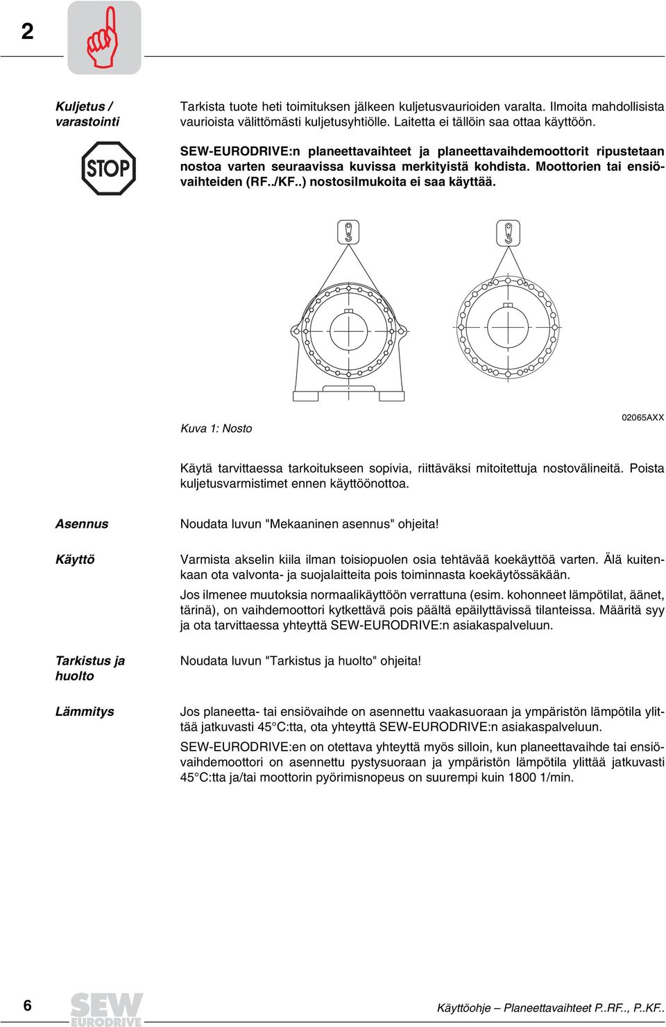 .) nostosilmukoita ei saa käyttää. Kuva 1: Nosto 02065AXX Käytä tarvittaessa tarkoitukseen sopivia, riittäväksi mitoitettuja nostovälineitä. Poista kuljetusvarmistimet ennen käyttöönottoa.