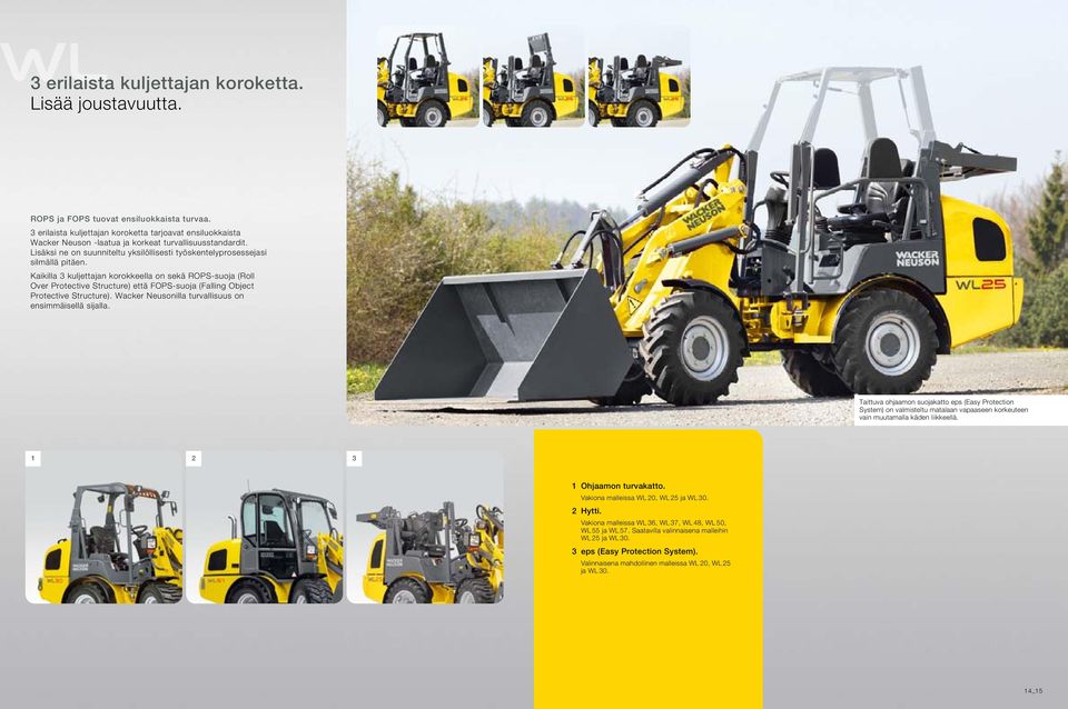 Kaikilla 3 kuljettajan korokkeella on sekä ROPS-suoja (Roll Over Protective Structure) että FOPS-suoja (Falling Object Protective Structure). Wacker Neusonilla turvallisuus on ensimmäisellä sijalla.