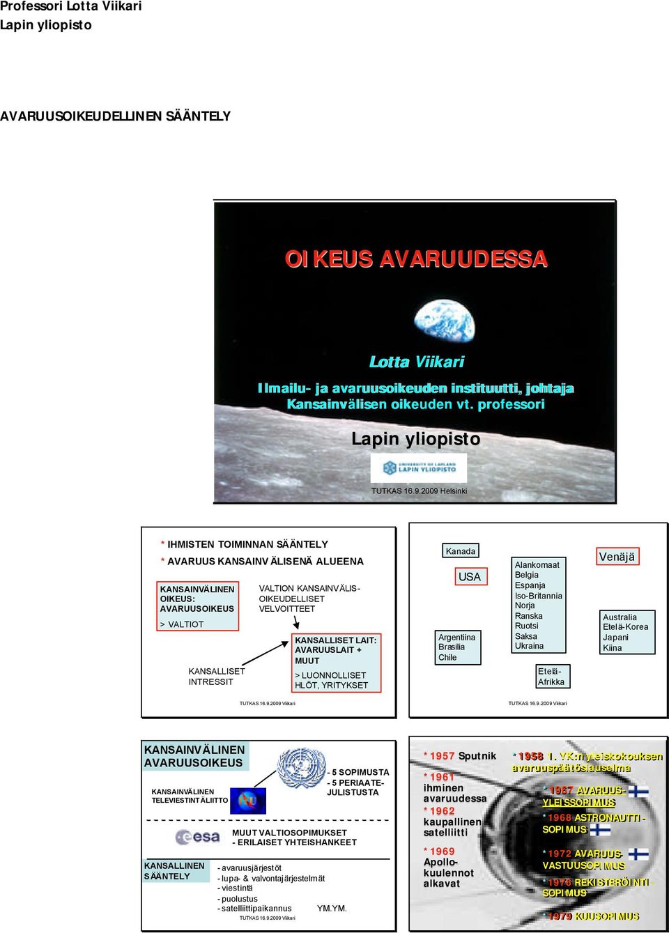 2009 Viikari TUTKAS 16.9.2009 Helsinki * IHMISTEN TOIMINNAN SÄÄNTELY * AVARUUS KANSAINV ÄLISENÄ ALUEENA KANSAINVÄLINEN OIKEUS: AVARUUSOIKEUS > VALTIOT KANSALLISET INTRESSIT VALTION KANSAINVÄLIS-