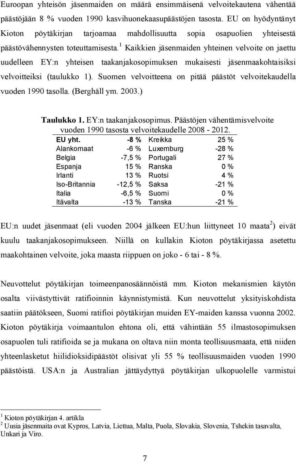 1 Kaikkien jäsenmaiden yhteinen velvoite on jaettu uudelleen EY:n yhteisen taakanjakosopimuksen mukaisesti jäsenmaakohtaisiksi velvoitteiksi (taulukko 1).