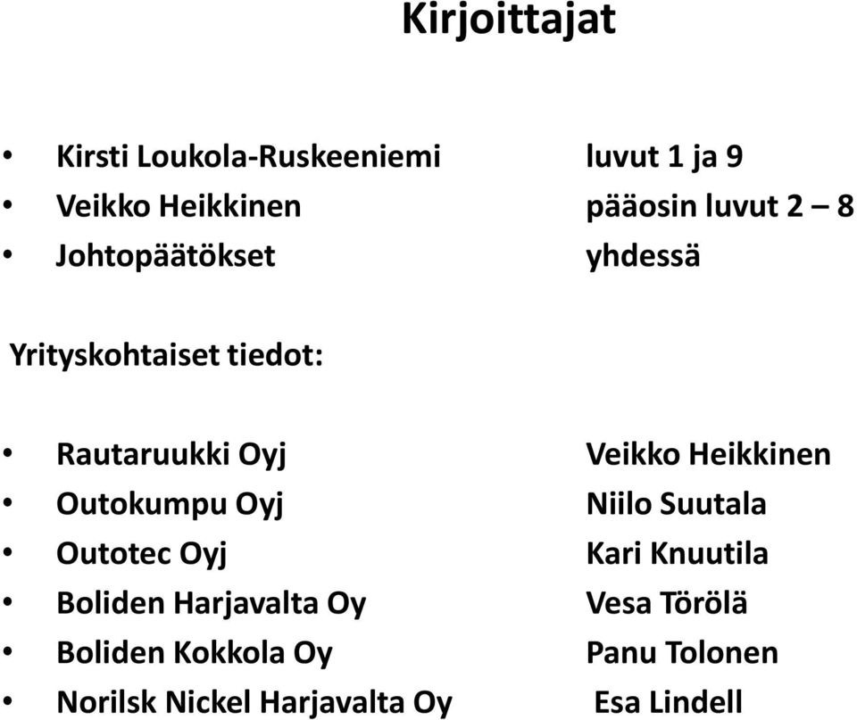 Heikkinen Outokumpu Oyj Niilo Suutala Outotec Oyj Kari Knuutila Boliden