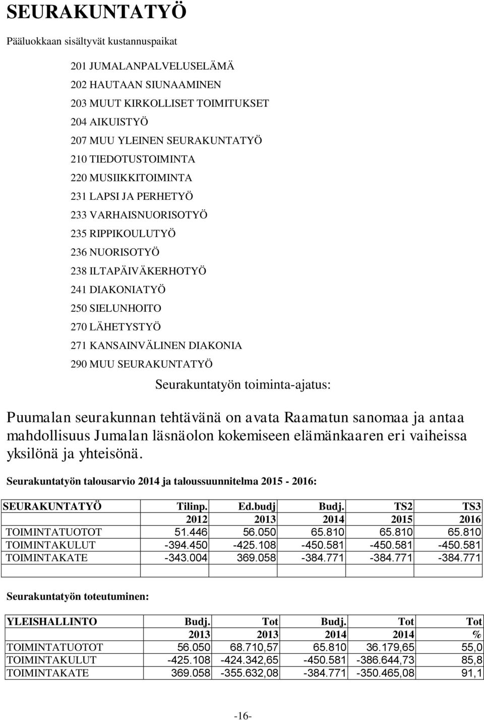 MUU SEURAKUNTATYÖ Seurakuntatyön toiminta-ajatus: Puumalan seurakunnan tehtävänä on avata Raamatun sanomaa ja antaa mahdollisuus Jumalan läsnäolon kokemiseen elämänkaaren eri vaiheissa yksilönä ja