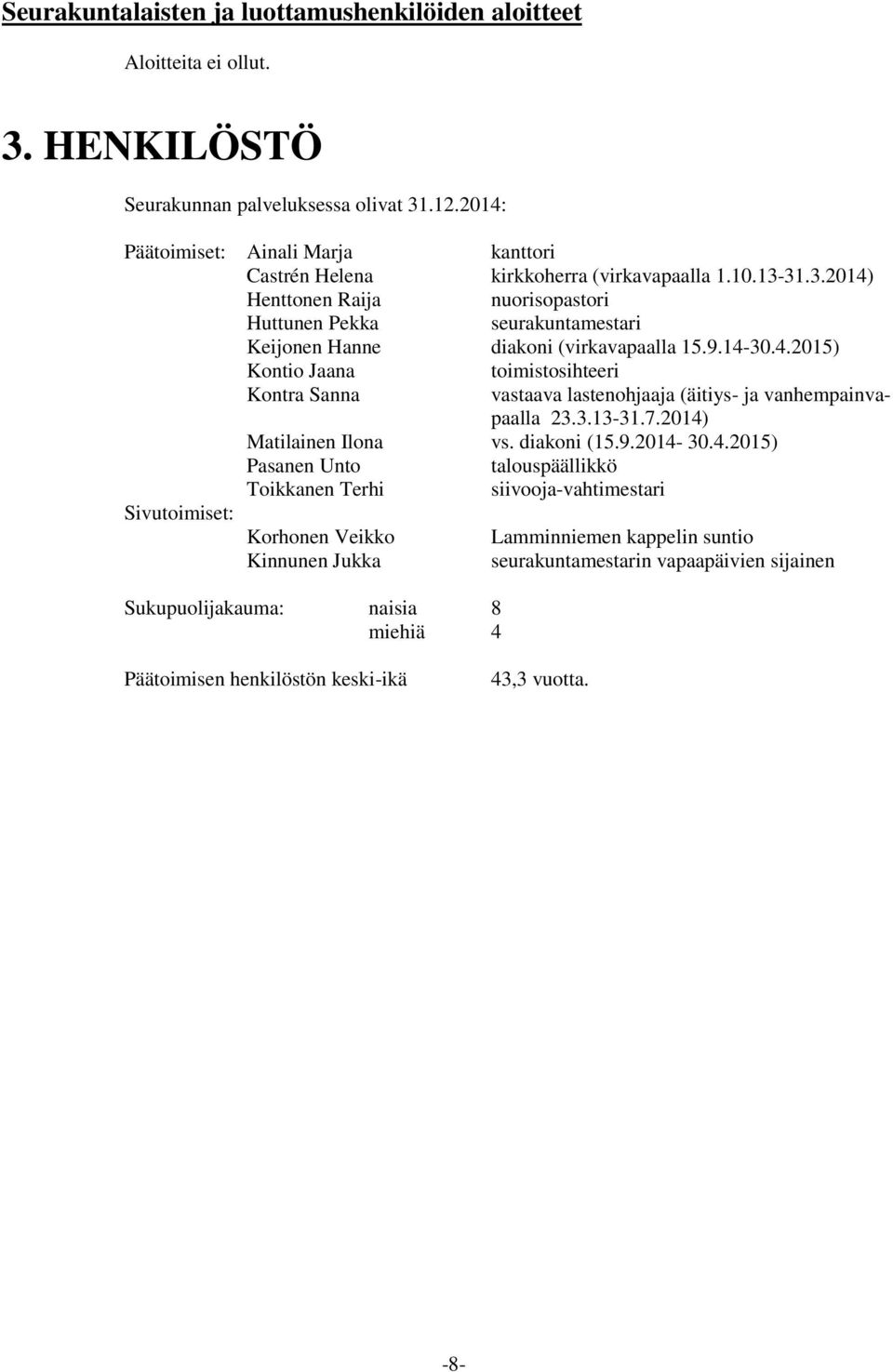 31.3.) Henttonen Raija nuorisopastori Huttunen Pekka seurakuntamestari Keijonen Hanne diakoni (virkavapaalla 15.9.14-