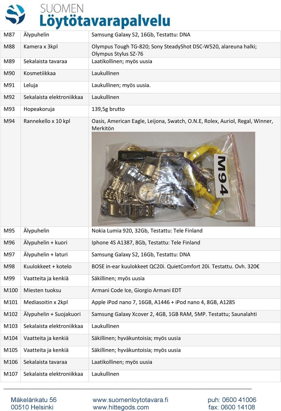 M92 Sekalaista elektroniikkaa Laukullinen M93 Hopeakoruja 139,5g brutto M94 Rannekello x 10 kpl Oasis, American Eagle, Leijona, Swatch, O.N.