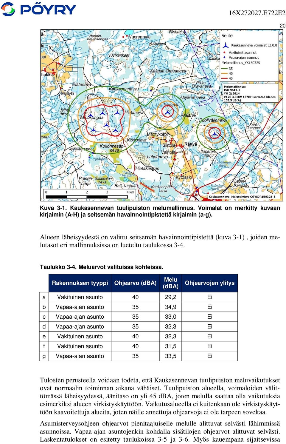 Rakennuksen tyyppi Ohjearvo (dba) Melu (dba) Ohjearvojen ylitys a Vakituinen asunto 40 29,2 Ei b Vapaa-ajan asunto 35 34,9 Ei c Vapaa-ajan asunto 35 33,0 Ei d Vapaa-ajan asunto 35 32,3 Ei e