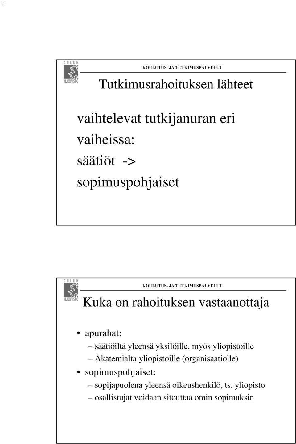 yksilöille, myös yliopistoille Akatemialta yliopistoille (organisaatiolle)