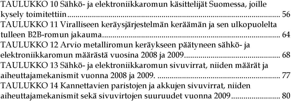 .. 64 TAULUKKO 12 Arvio metalliromun keräykseen päätyneen sähkö- ja elektroniikkaromun määrästä vuosina 2008 ja 2009.