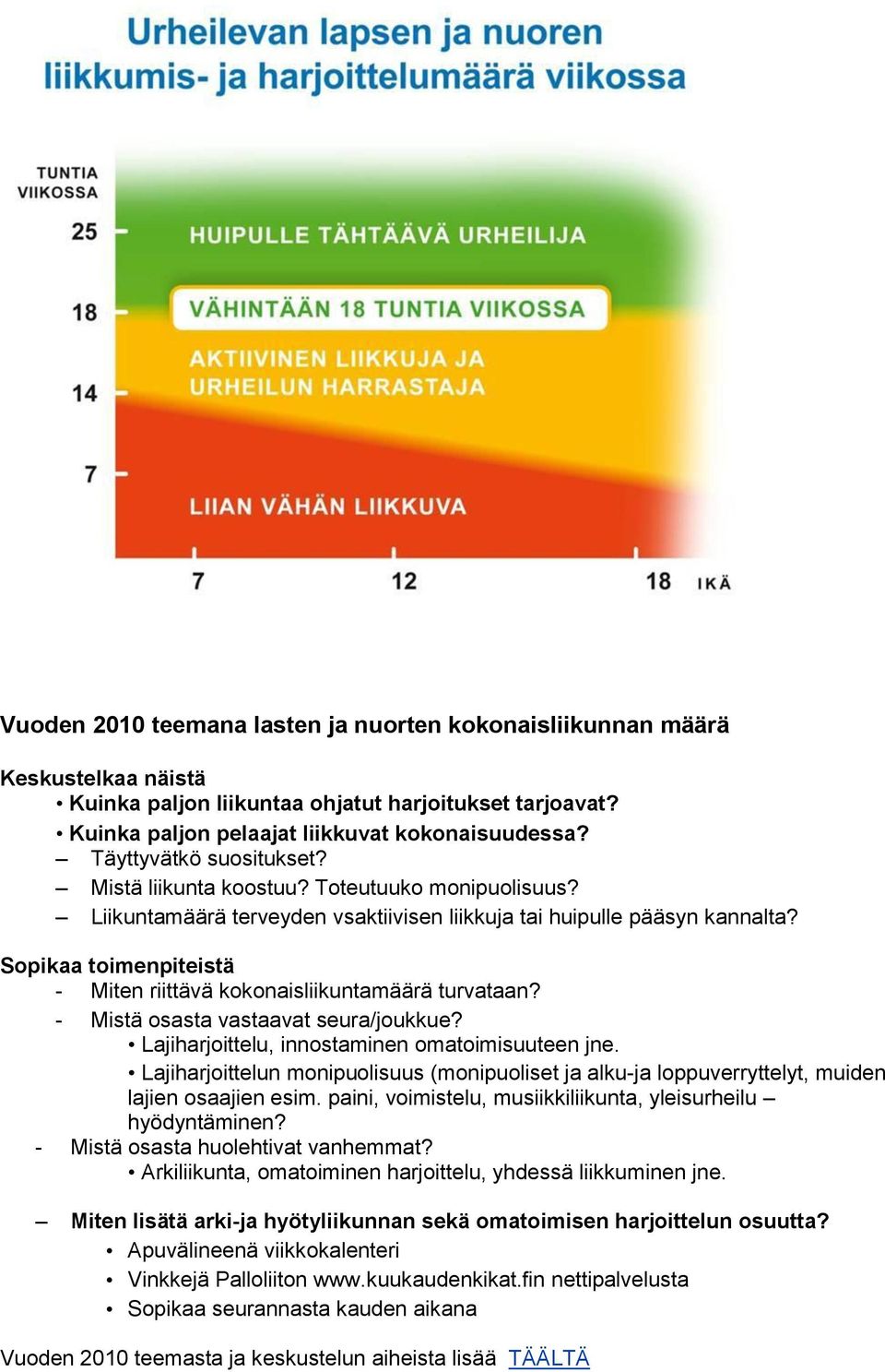 Sopikaa toimenpiteistä - Miten riittävä kokonaisliikuntamäärä turvataan? - Mistä osasta vastaavat seura/joukkue? Lajiharjoittelu, innostaminen omatoimisuuteen jne.