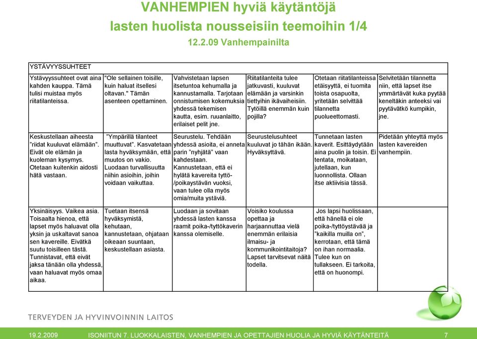 Tarjotaan onnistumisen kokemuksia yhdessä tekemisen kautta, esim. ruuanlaitto, erilaiset pelit jne. Riitatilanteita tulee jatkuvasti, kuuluvat elämään ja varsinkin tiettyihin ikävaiheisiin.