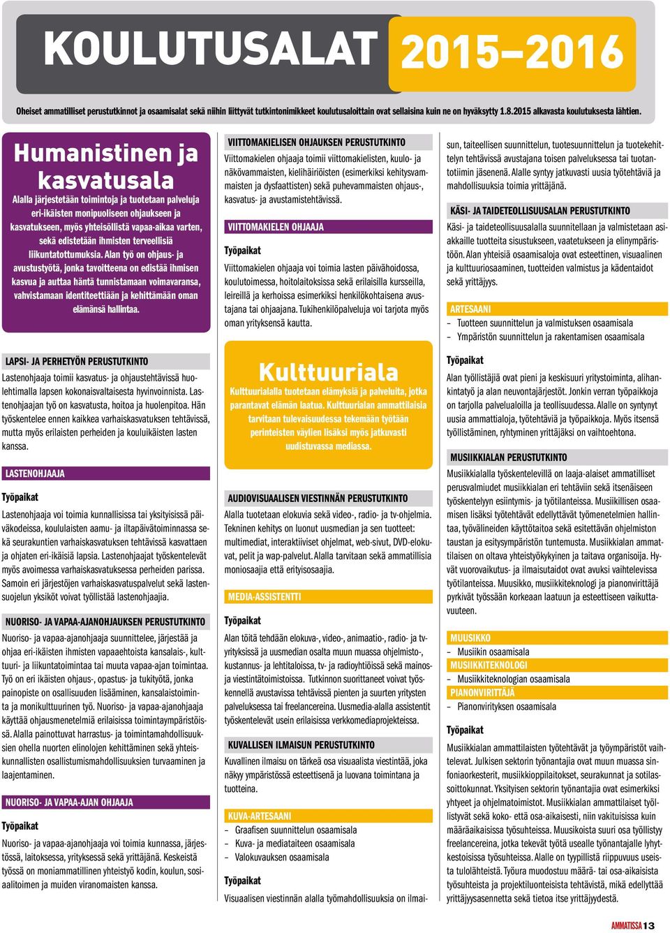 Humanistinen ja kasvatusala Alalla järjestetään toimintoja ja tuotetaan palveluja eri-ikäisten monipuoliseen ohjaukseen ja kasvatukseen, myös yhteisöllistä vapaa-aikaa varten, sekä edistetään