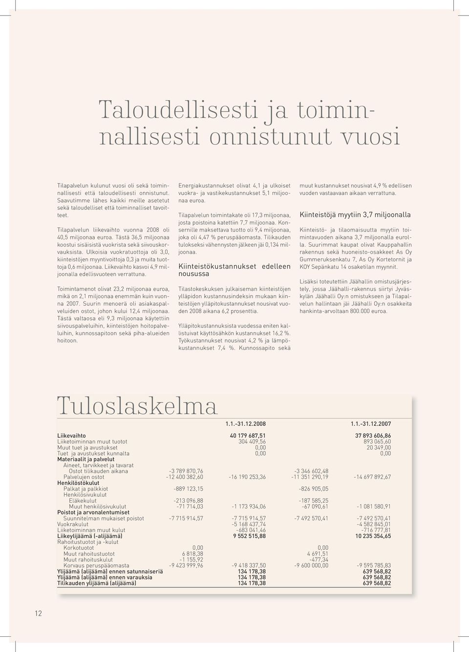 Tästä 36,5 miljoonaa koostui sisäisistä vuokrista sekä siivouskorvauksista. Ulkoisia vuokratuottoja oli 3,, kiinteistöjen myyntivoittoja,3 ja muita tuottoja,6 miljoonaa.