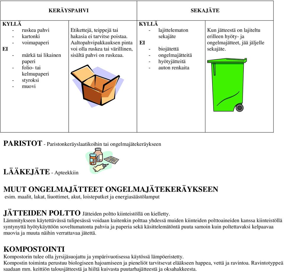 KYLLÄ - lajittelematon sekajäte EI - biojätettä - ongelmajätteitä - hyötyjätteitä - auton renkaita Kun jätteestä on lajiteltu erilleen hyöty- ja ongelmajätteet, jää jäljelle sekajäte.