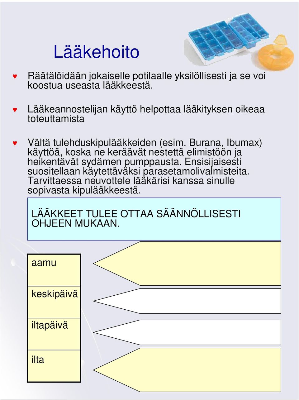 Burana, Ibumax) käyttöä, koska ne keräävät nestettä elimistöön ja heikentävät sydämen pumppausta.