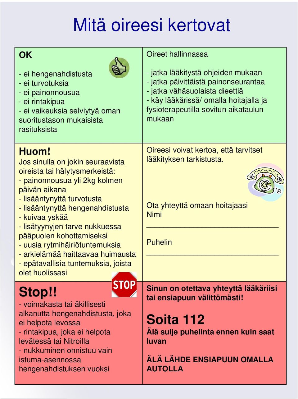 tarve nukkuessa pääpuolen kohottamiseksi - uusia rytmihäiriötuntemuksia - arkielämää haittaavaa huimausta - epätavallisia tuntemuksia, joista olet huolissasi Oireet hallinnassa - jatka lääkitystä