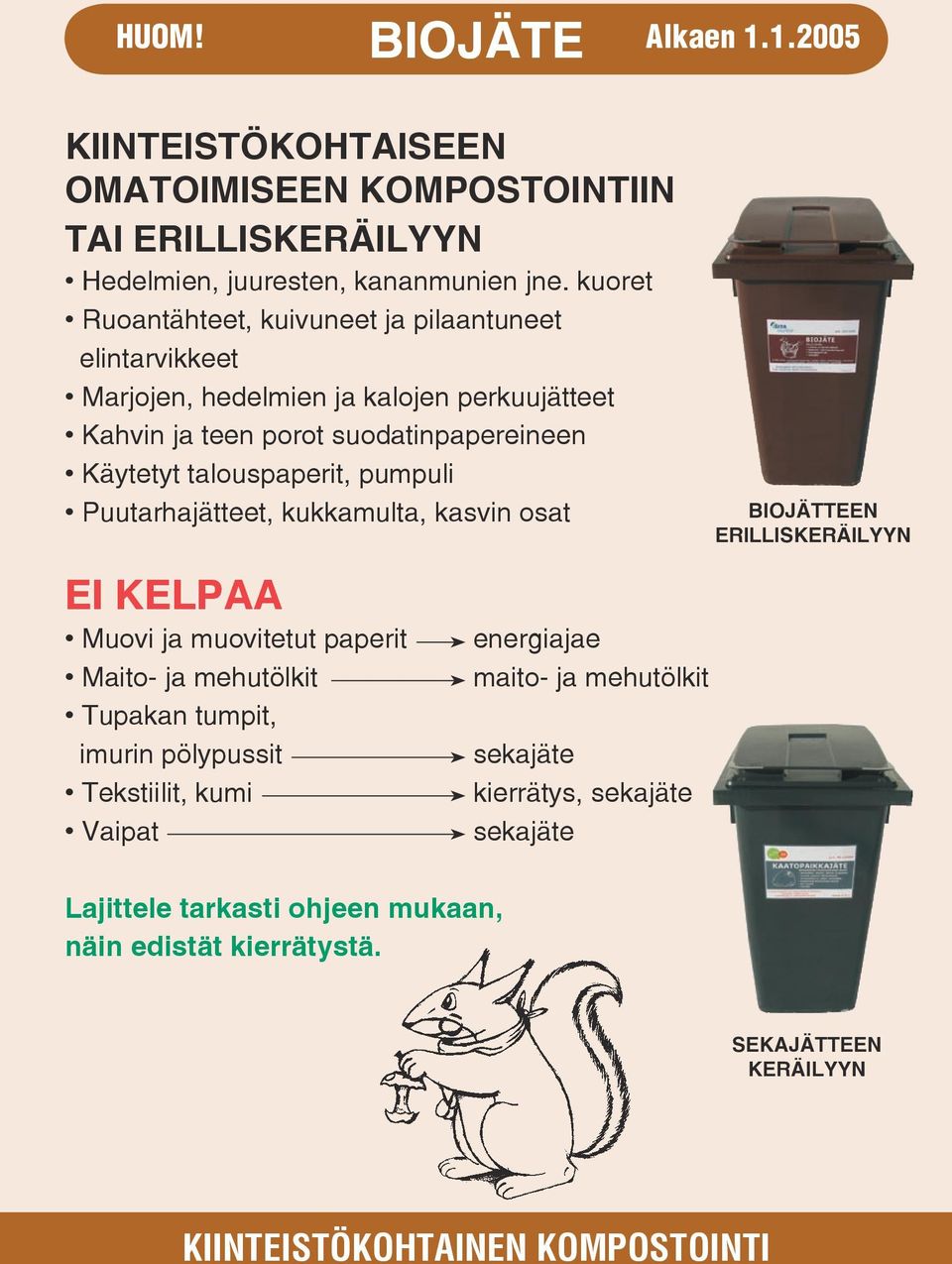 talouspaperit, pumpuli Puutarhajätteet, kukkamulta, kasvin osat BIOJÄTTEEN ERILLISKERÄILYYN Muovi ja muovitetut paperit Maito- ja mehutölkit Tupakan tumpit,