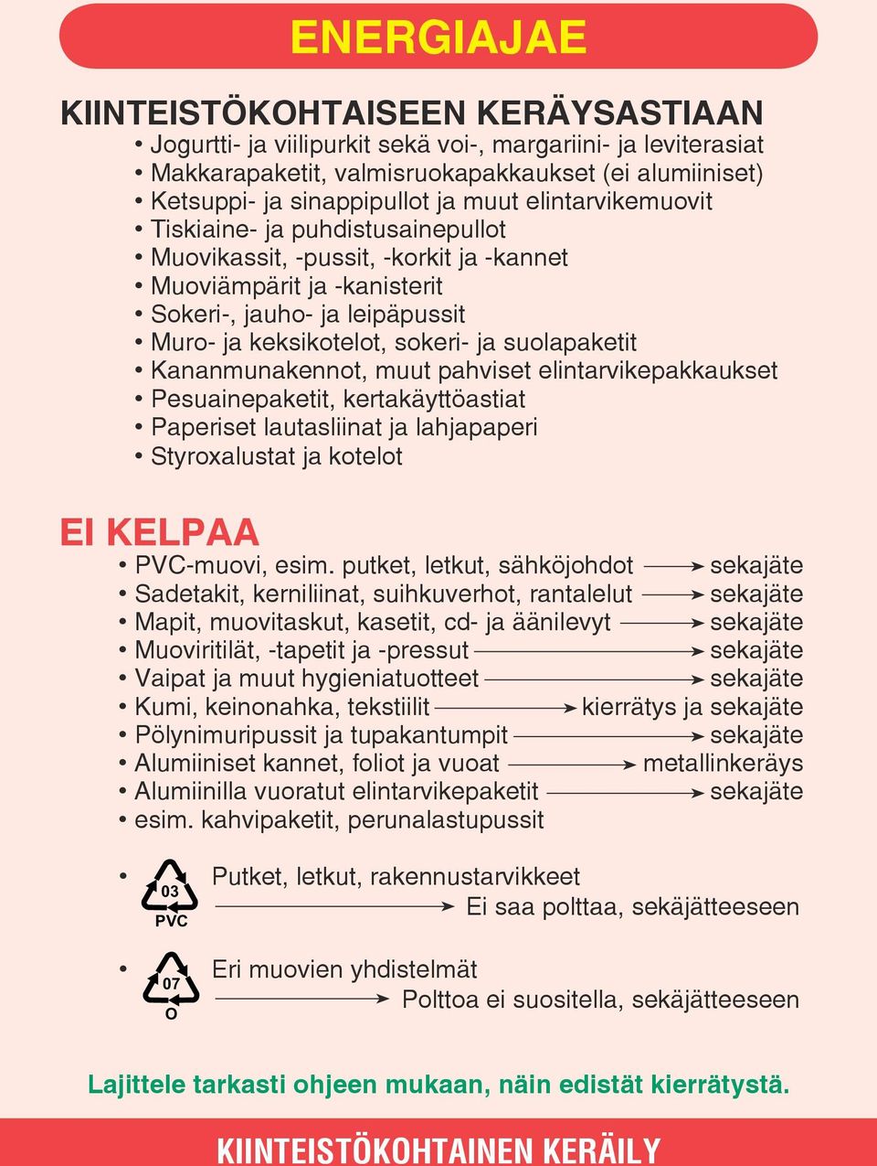 Kananmunakennot, muut pahviset elintarvikepakkaukset Pesuainepaketit, kertakäyttöastiat Paperiset lautasliinat ja lahjapaperi Styroxalustat ja kotelot ENERGIAJAE PVC-muovi, esim.