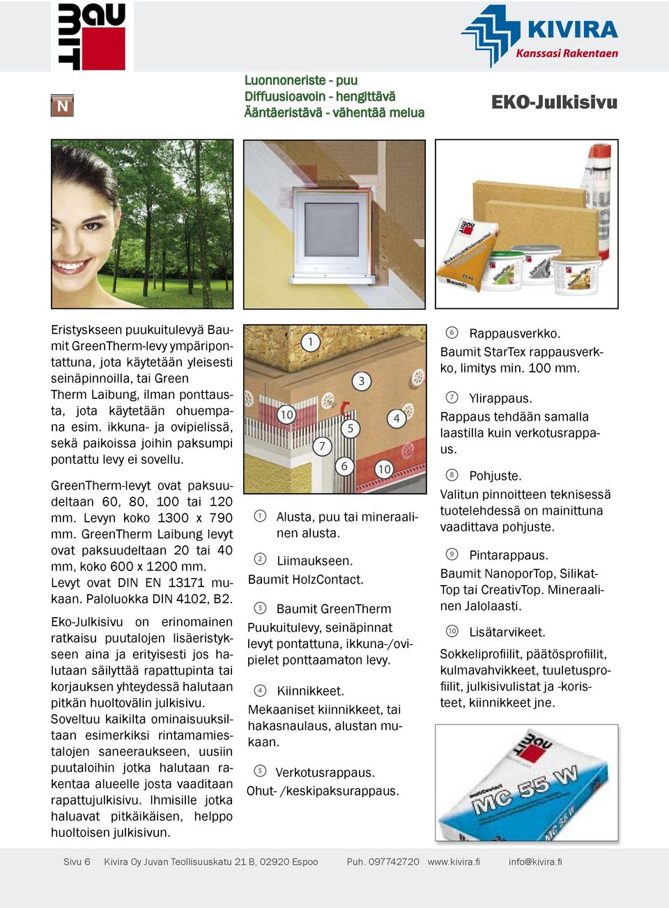 GreenTherm-levyt ovat paksuudeltaan 0, 0, 00 tai 0 mm. Levyn koko 00 x 0 mm. GreenTherm Laibung levyt ovat paksuudeltaan 0 tai 0 mm, koko 00 x 00 mm. Levyt ovat DIN EN Paloluokka DIN 0, B.