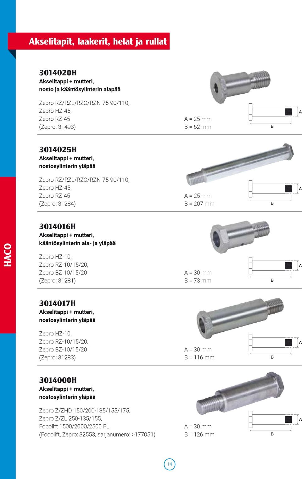 ala- ja yläpää Zepro HZ-10, Zepro RZ-10/15/20, Zepro Z-10/15/20 (Zepro: 31281) = 30 mm = 73 mm 3014017H kselitappi + mutteri, nostosylinterin yläpää Zepro HZ-10, Zepro RZ-10/15/20, Zepro Z-10/15/20