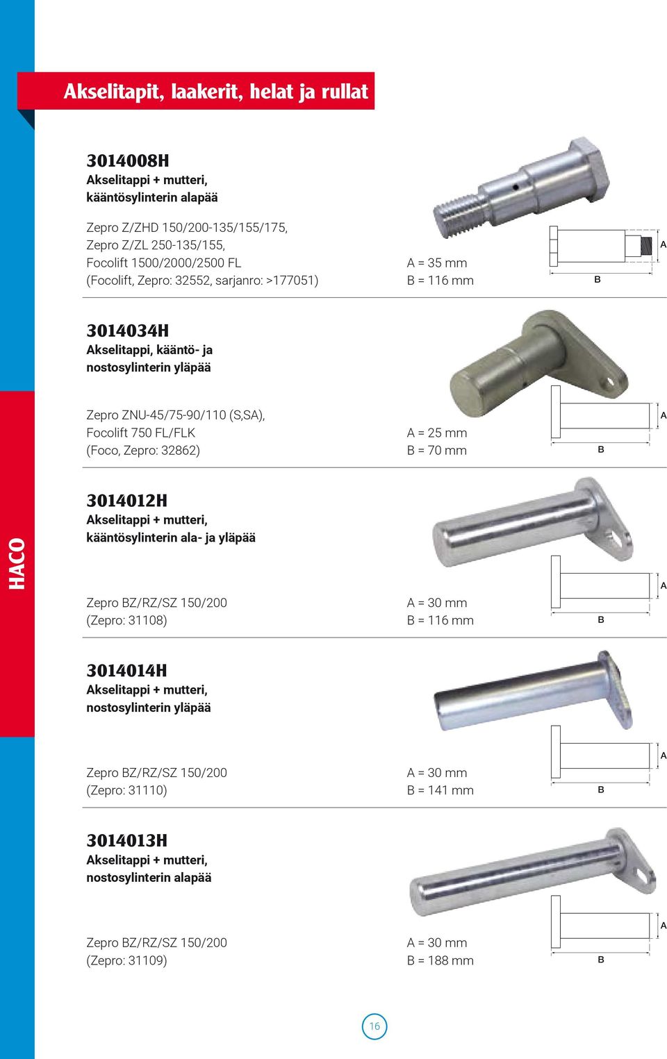 25 mm = 70 mm HCO 3014012H kselitappi + mutteri, kääntösylinterin ala- ja yläpää Zepro Z/RZ/SZ 150/200 (Zepro: 31108) = 30 mm = 116 mm 3014014H kselitappi + mutteri,