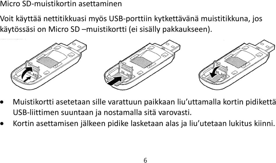 Muistikortti asetetaan sille varattuun paikkaan liu uttamalla kortin pidikettä USB liittimen